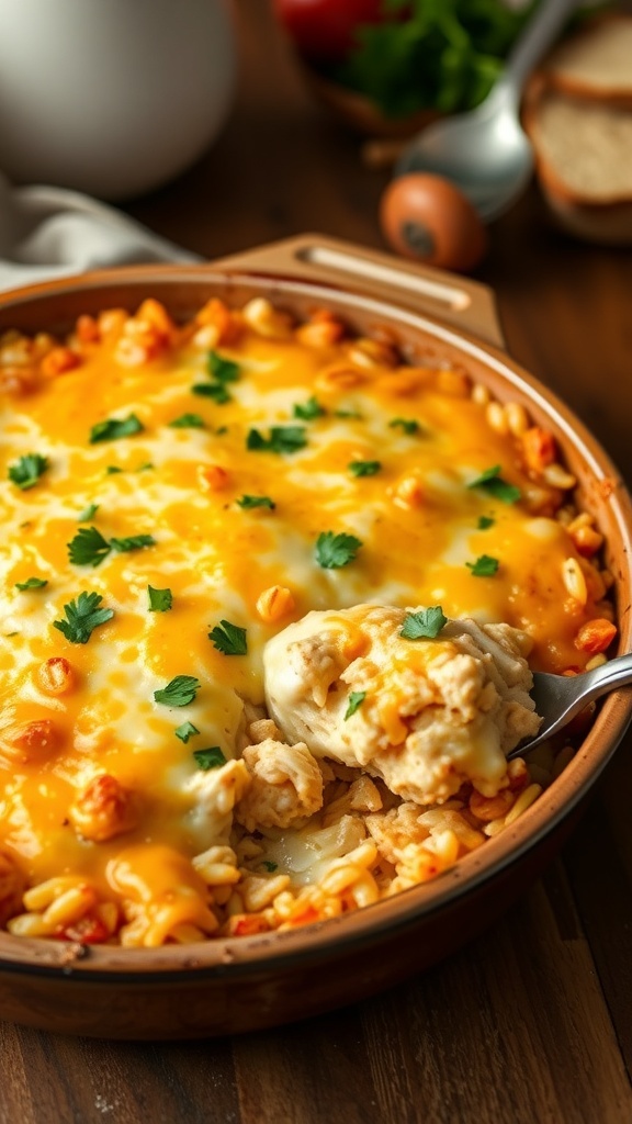Cheesy chicken and rice casserole in a baking dish, garnished with parsley, on a wooden table.